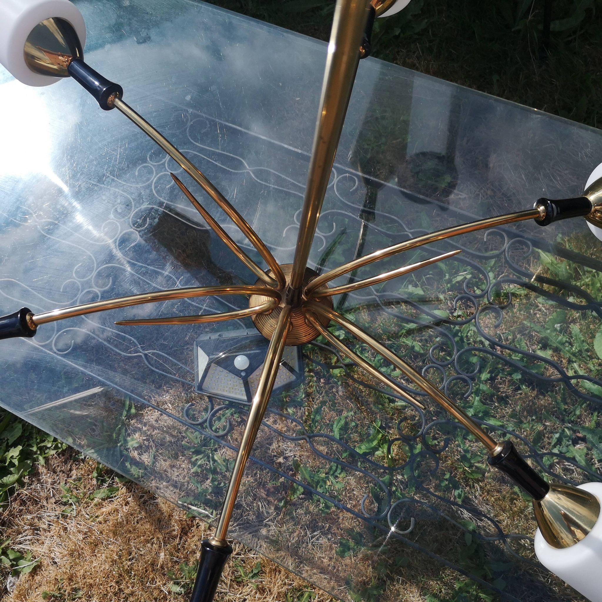 Vintage arlus sputnik chandelier 6 arms mid-century design, brass & opaline