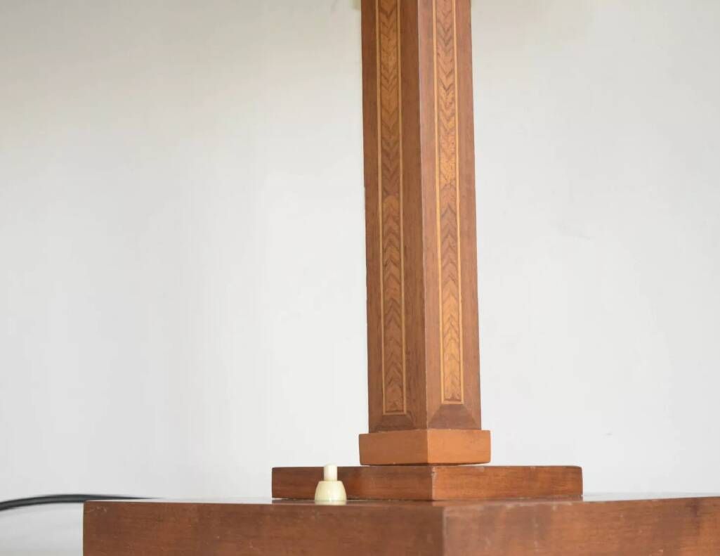 Vintage Wooden Table Lamp with Geometric Marquetry Inlay – Fabric Lampshade