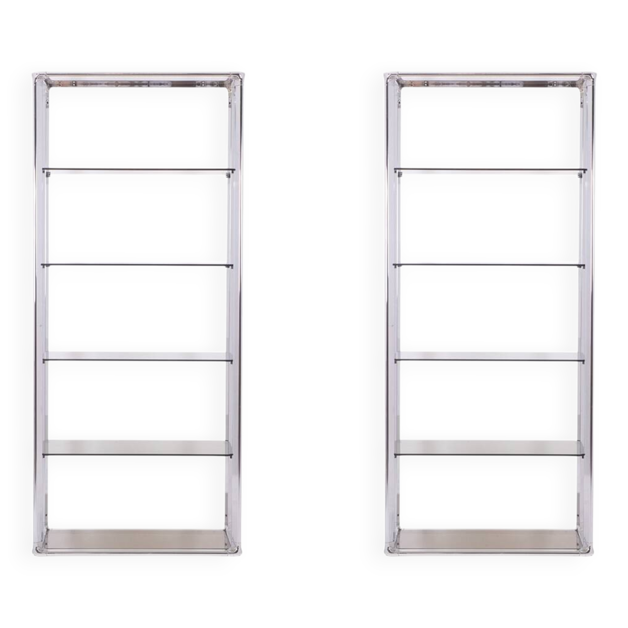 Pair of 6-shelf shelves with chrome-plated metal frames. 1970s.