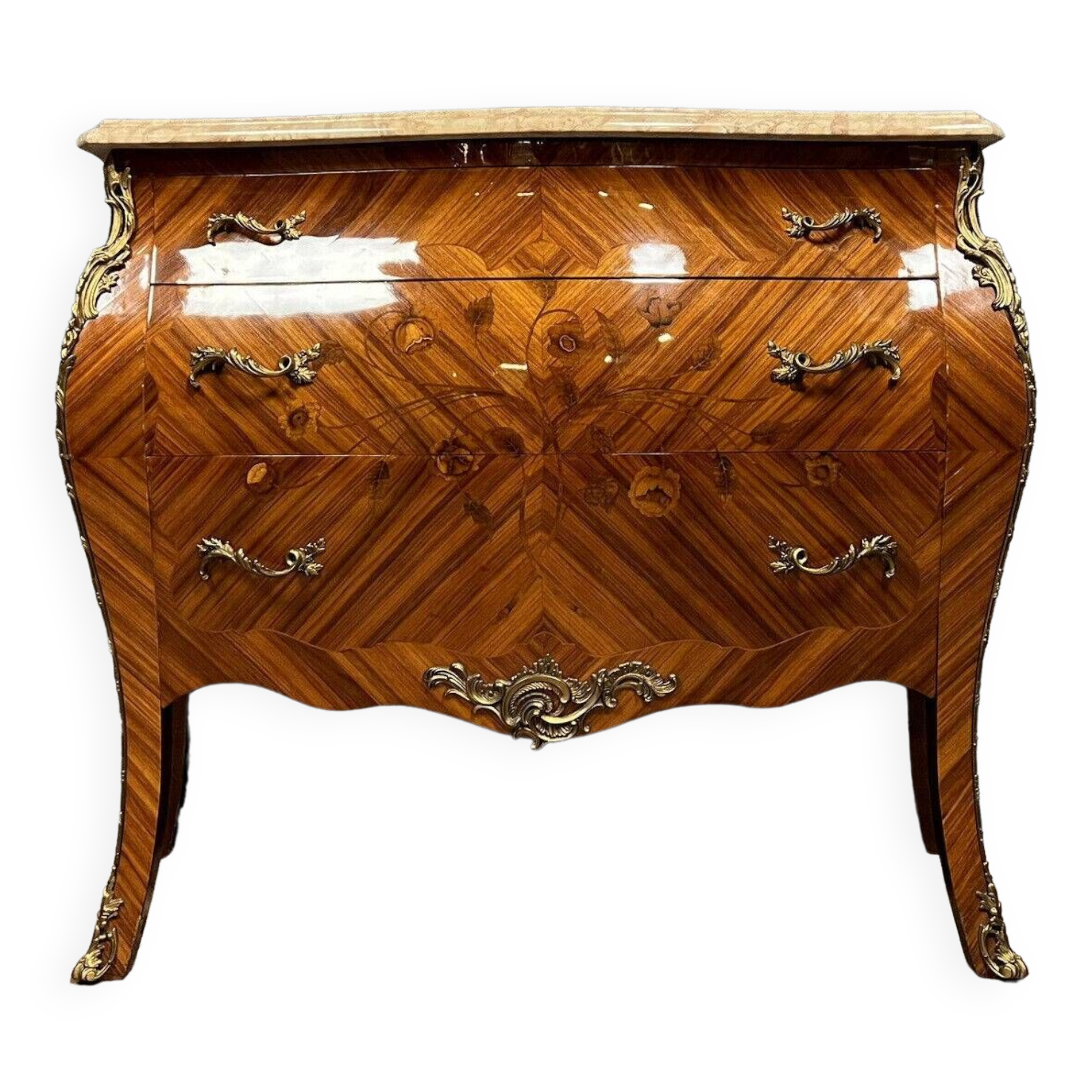 Curved Louis XV style chest of drawers in marquetry, 20th century period