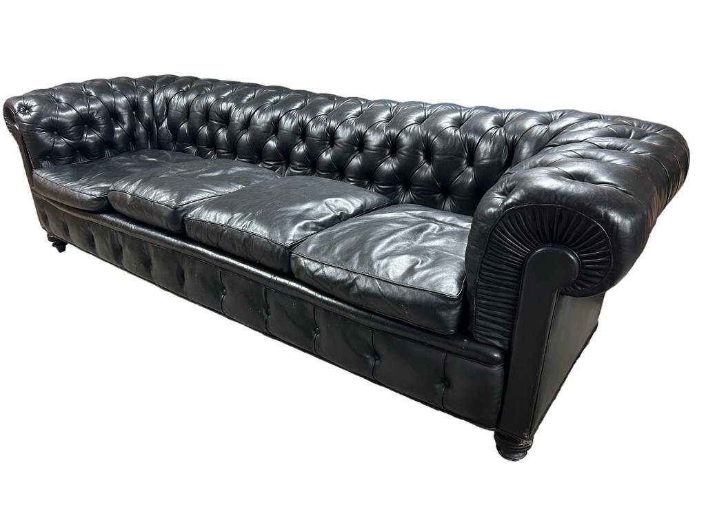 Large and old four-seater leather chesterfield sofa early 20th century l 260 cm