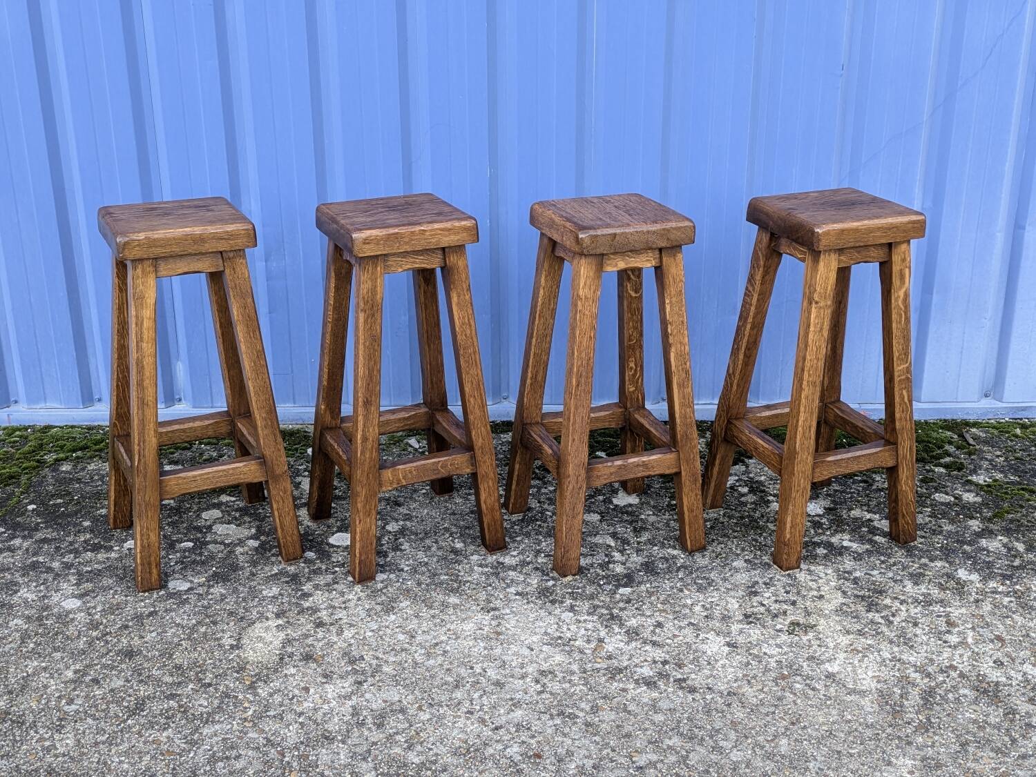 4 Bar Stools, Brutalist Solid Wood Vintage