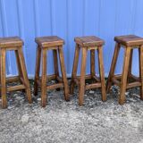 4 Bar Stools, Brutalist Solid Wood Vintage