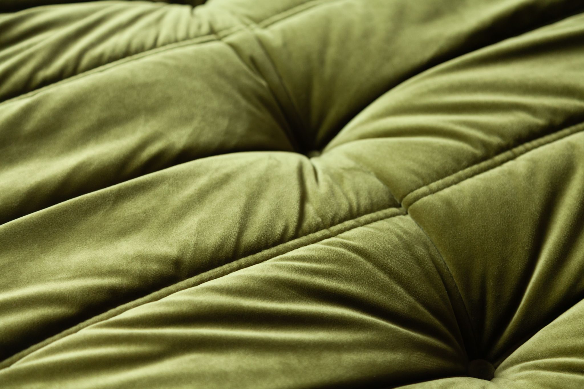 Armchair and pouffe Togo in green olive velvet model designed by Michel Ducaroy 1973