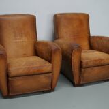 Paire de fauteuils club vintage en cuir cognac français, lot de 2