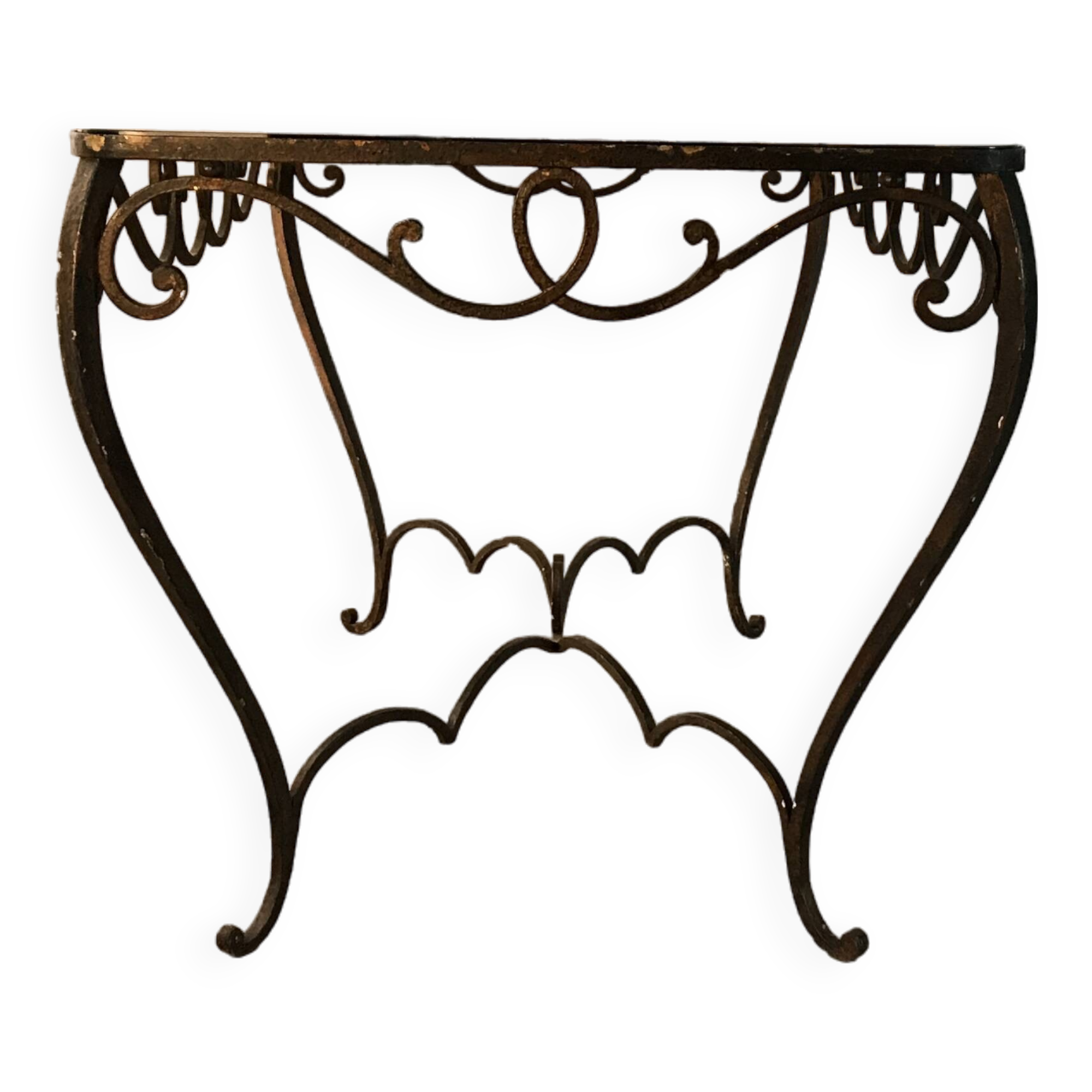 French Art Deco Wrought Iron Dining Table with Black Colored Glass, 1930s