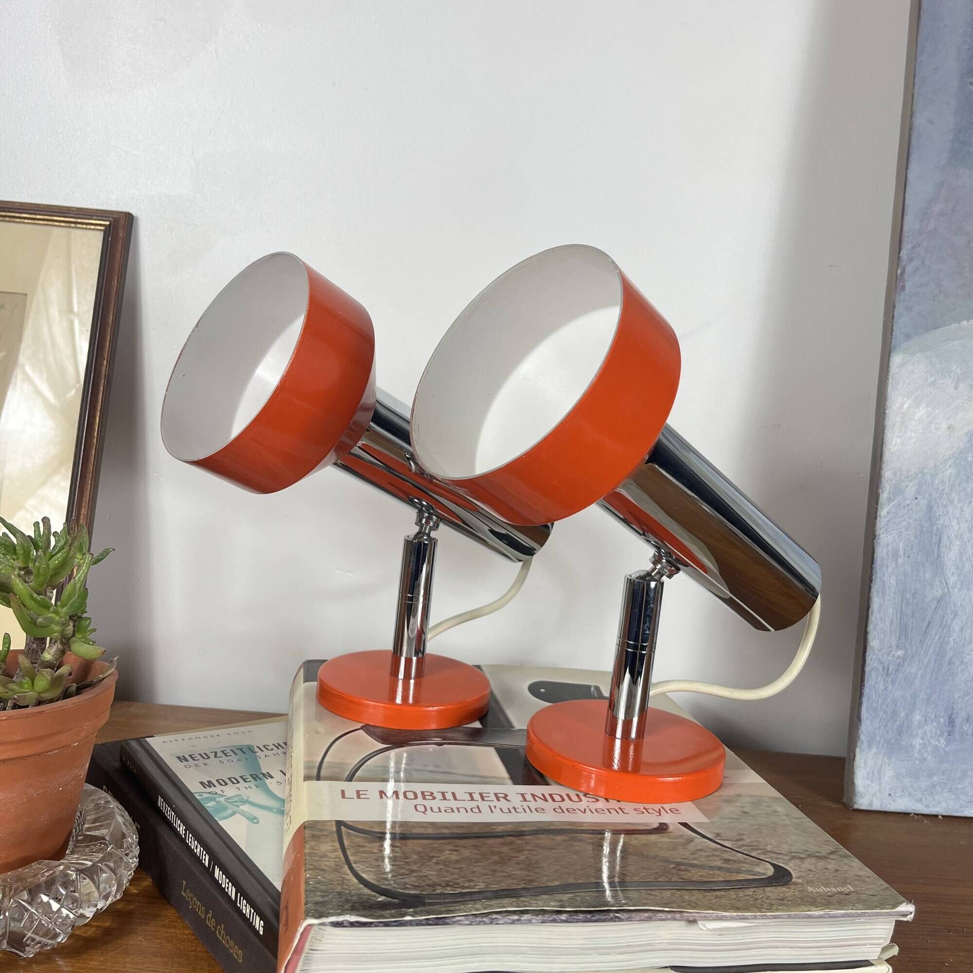 Pair of orange aluminium wall spotlights from the seventies.