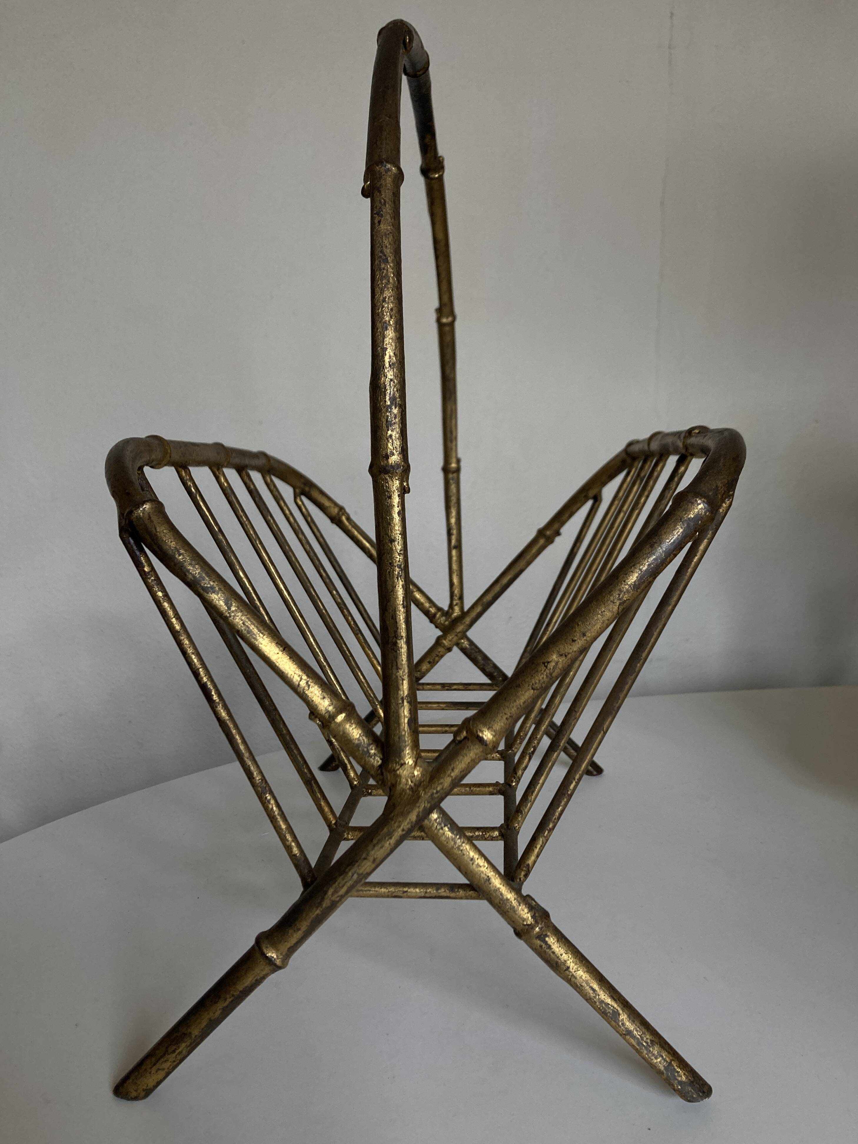 1960 magazine rack faux bamboo in beaten gold iron Italian craftsmanship