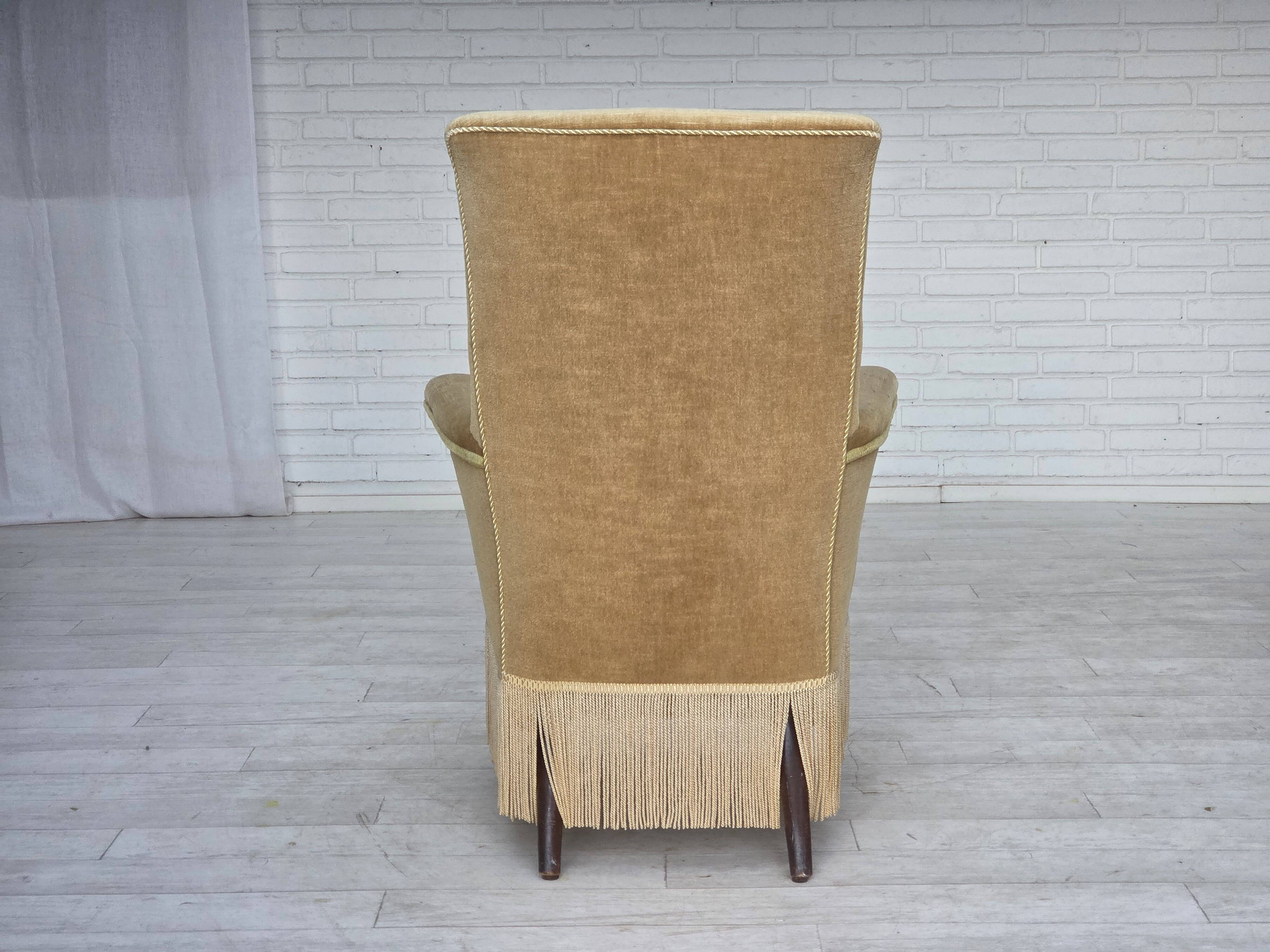 1950s, Danish armchair, furniture velour, ash wood legs.