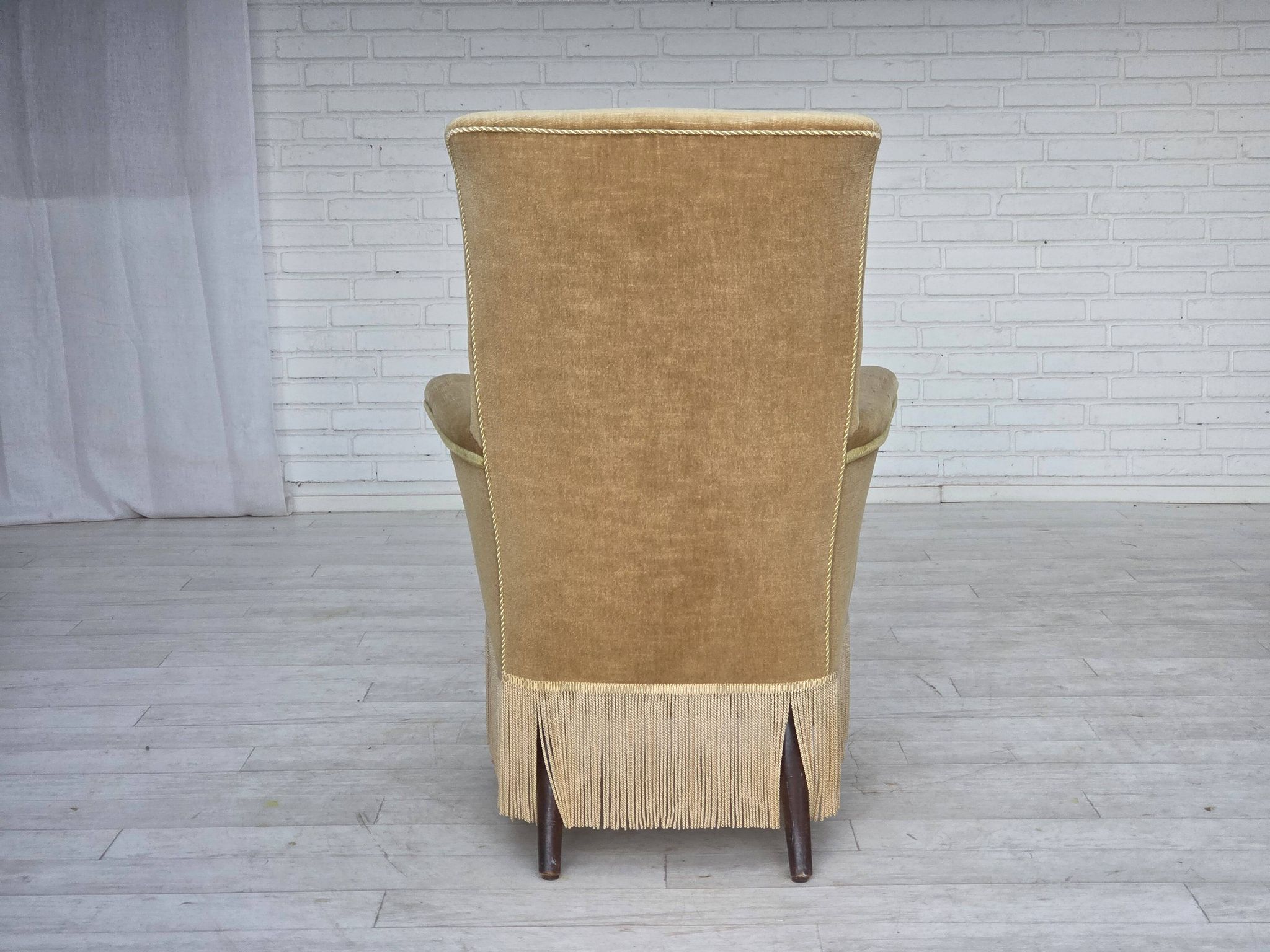 1950s, Danish armchair, furniture velour, ash wood legs.