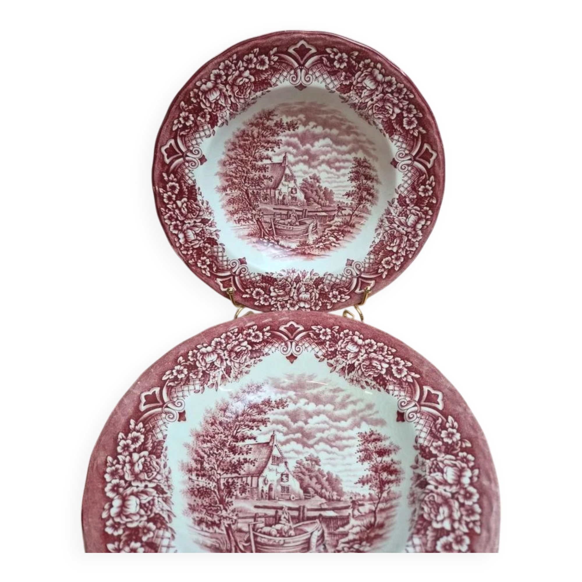 2 vintage deep plates in red Toile de Jouy by Grindley Homeland Staffordshire England.