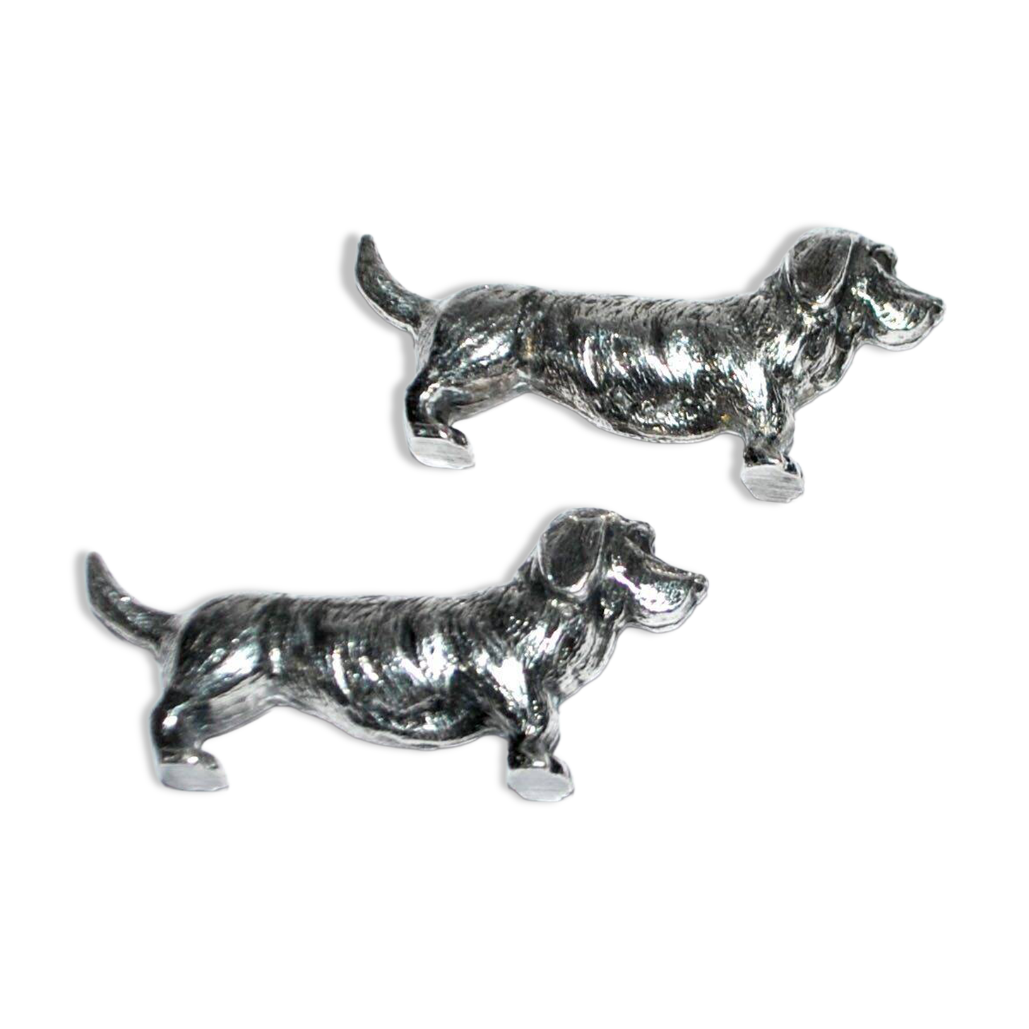 Set of 2 vintage animal knife rests, dachshund and basset hound, in silver-plated metal.