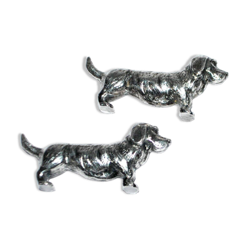 Lot de 2 porte-couteaux animaliers vintage chien teckel basset en métal argenté