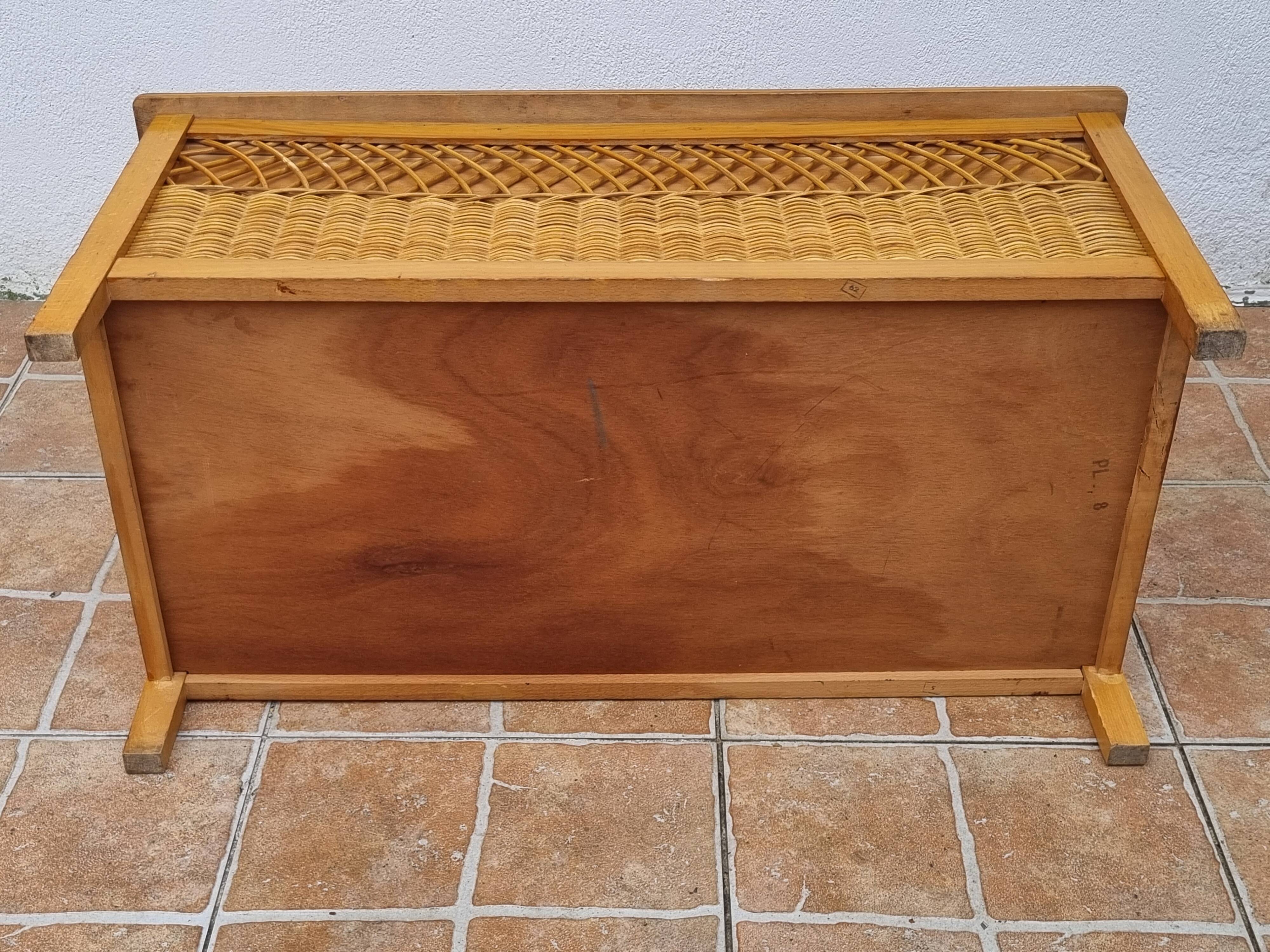 Vintage wooden bench with caning and woven rattan, 1960s-70s.