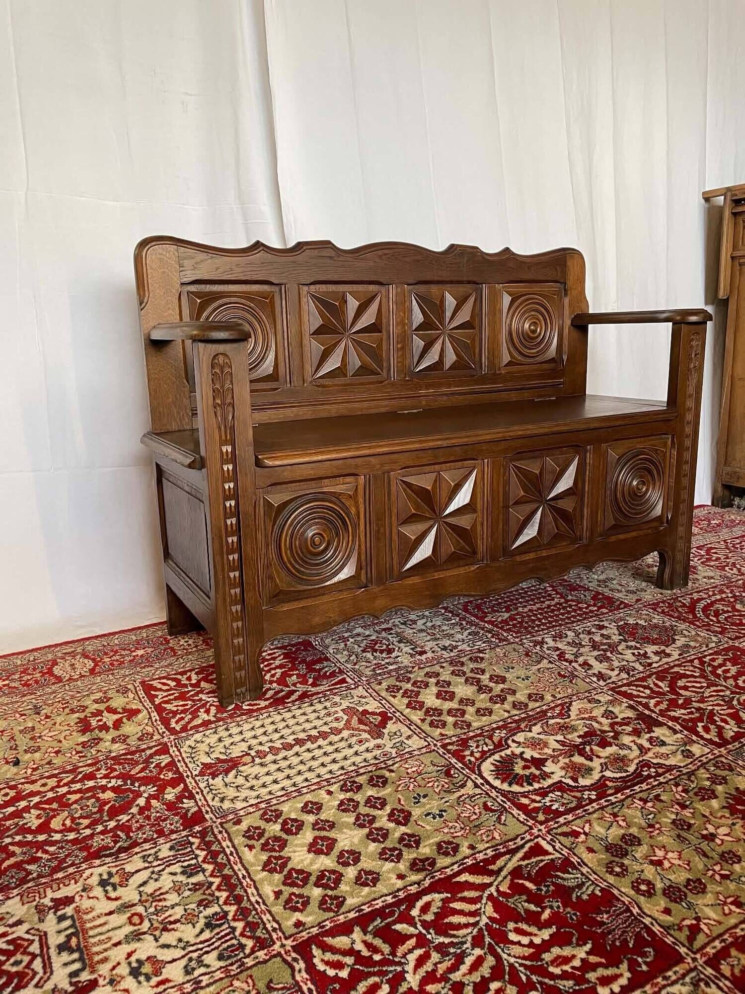 Antique oak carved bank chest – Breton style