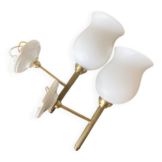 Pair of torch wall lights in brass, white glass and porcelain.