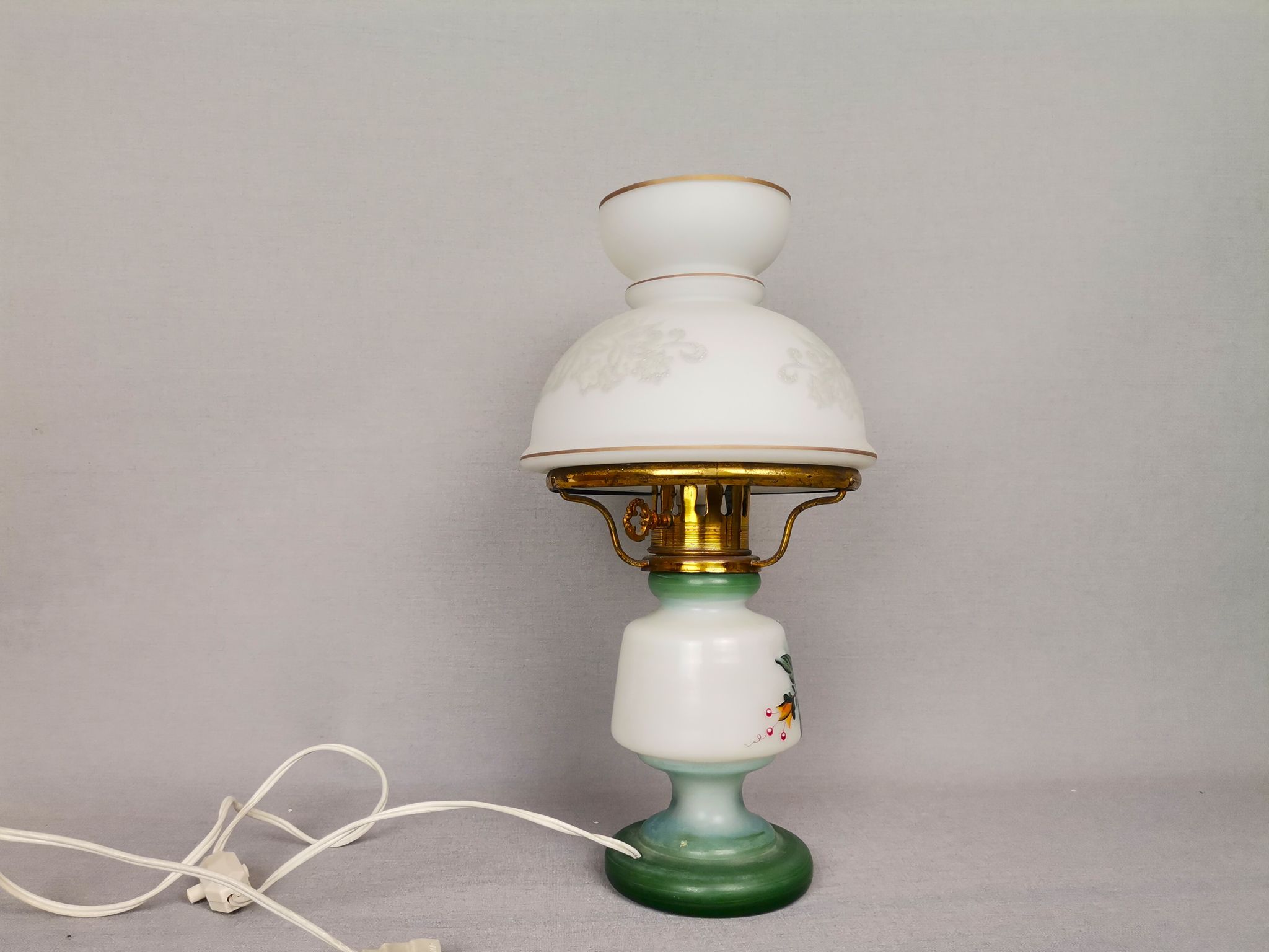 French country 1960s rustic green ceramic and glass vintage table lamp