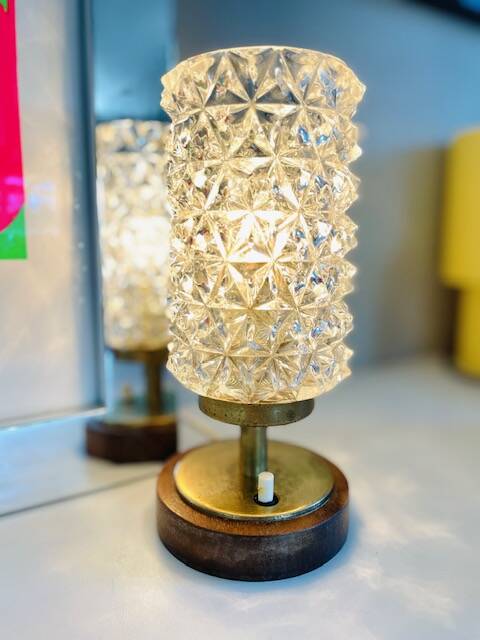 Vintage Mid-Century Scandinavian lamp in wood, brass, and pressed glass with spikes.