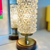 Vintage Mid-Century Scandinavian lamp in wood, brass, and pressed glass with spikes.