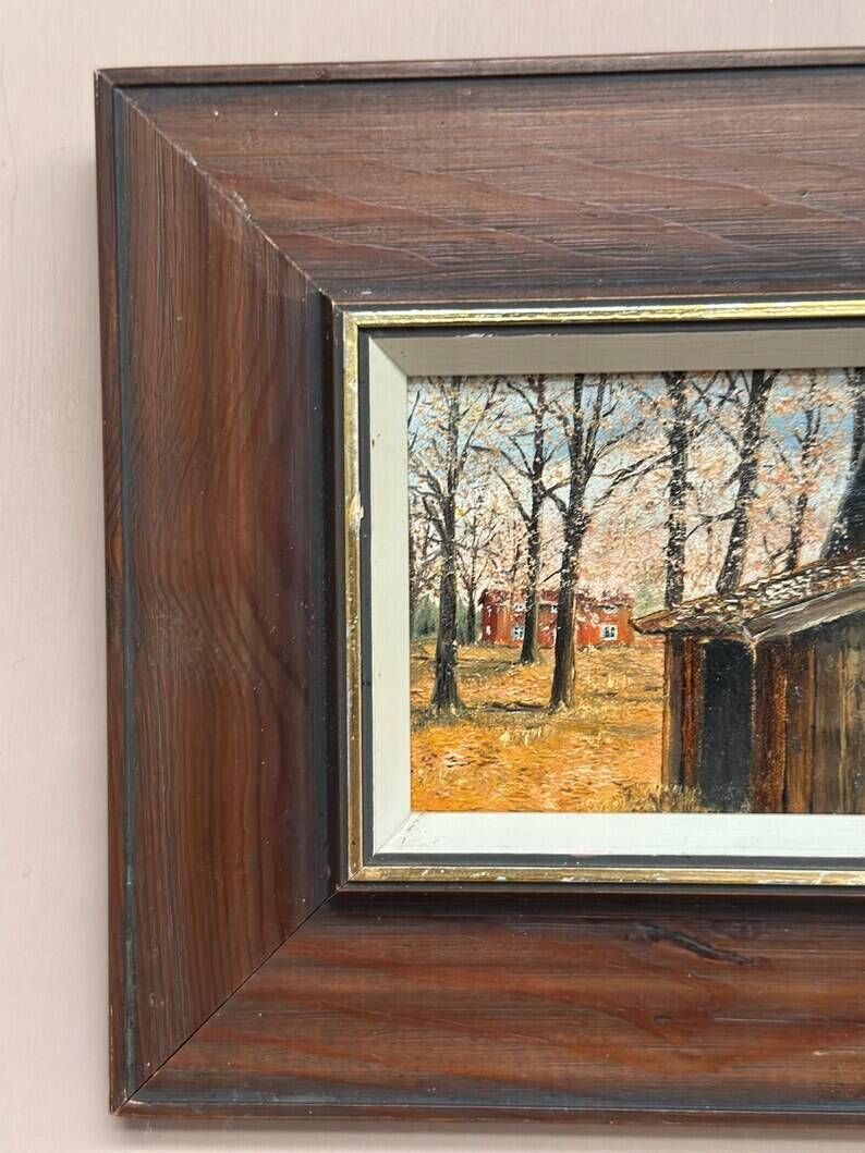 Original Swedish Oil on Canvas – "Autumn" by an Unknown Artist – Vintage and Framed – 22 × 18.5 cm