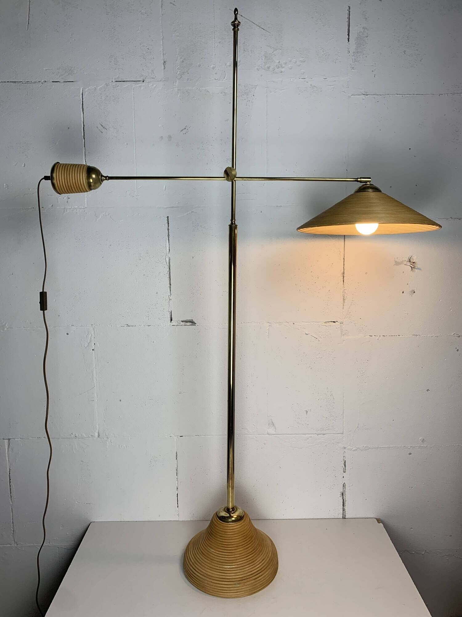 Italian Adjustable Floor Lamp in Pencil Reed, Bamboo, Rattan and Brass, 1970s
