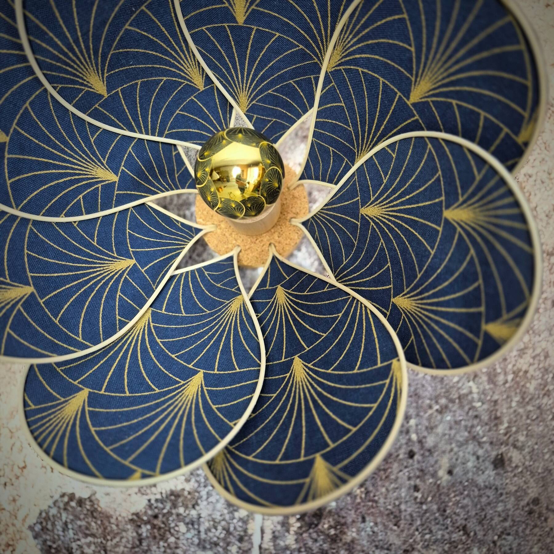 Flower wall sconce, 8 petals in rattan and art deco fabric
