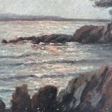 Old painting of sunrise over the sea