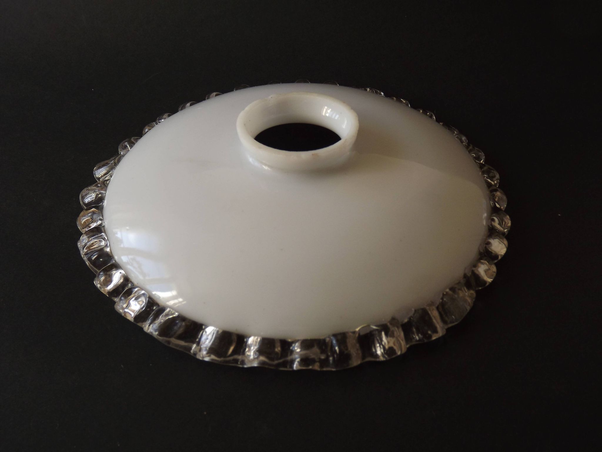 Vintage French Opaline Glass Pendant Light Shade - Frilled Clear Glass Edge