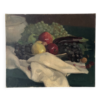 Old oil painting on canvas of a still life with fruits.