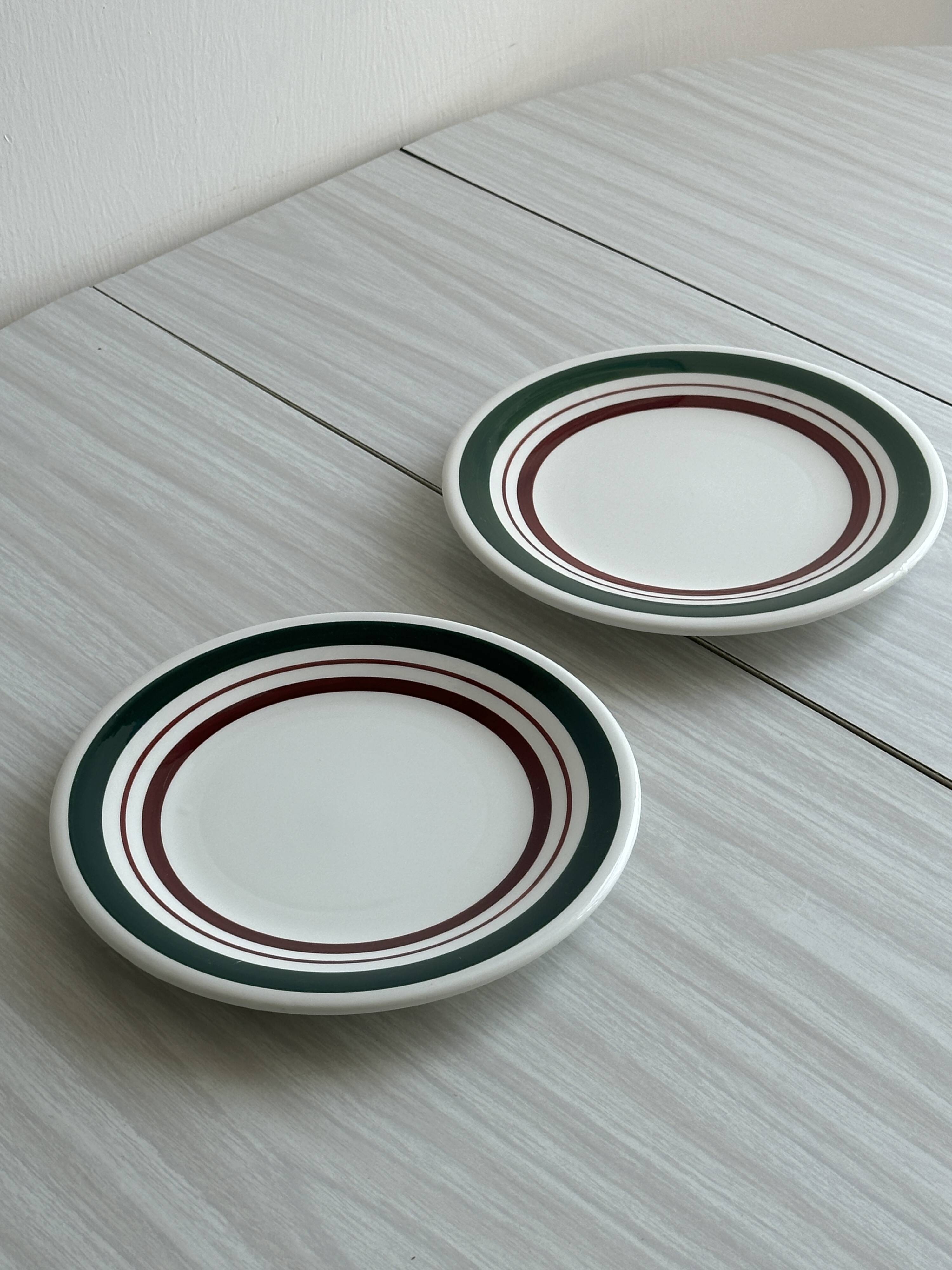 Vintage Dessert Plate Duo with Green and Burgundy Red Border