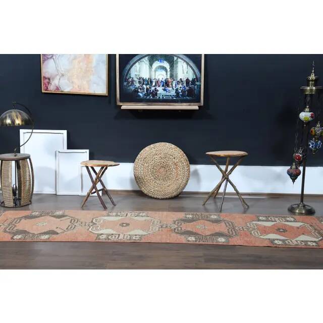 Orange Vintage Turkish Oushak Handmade Wool Runner Unique Rug 78x318