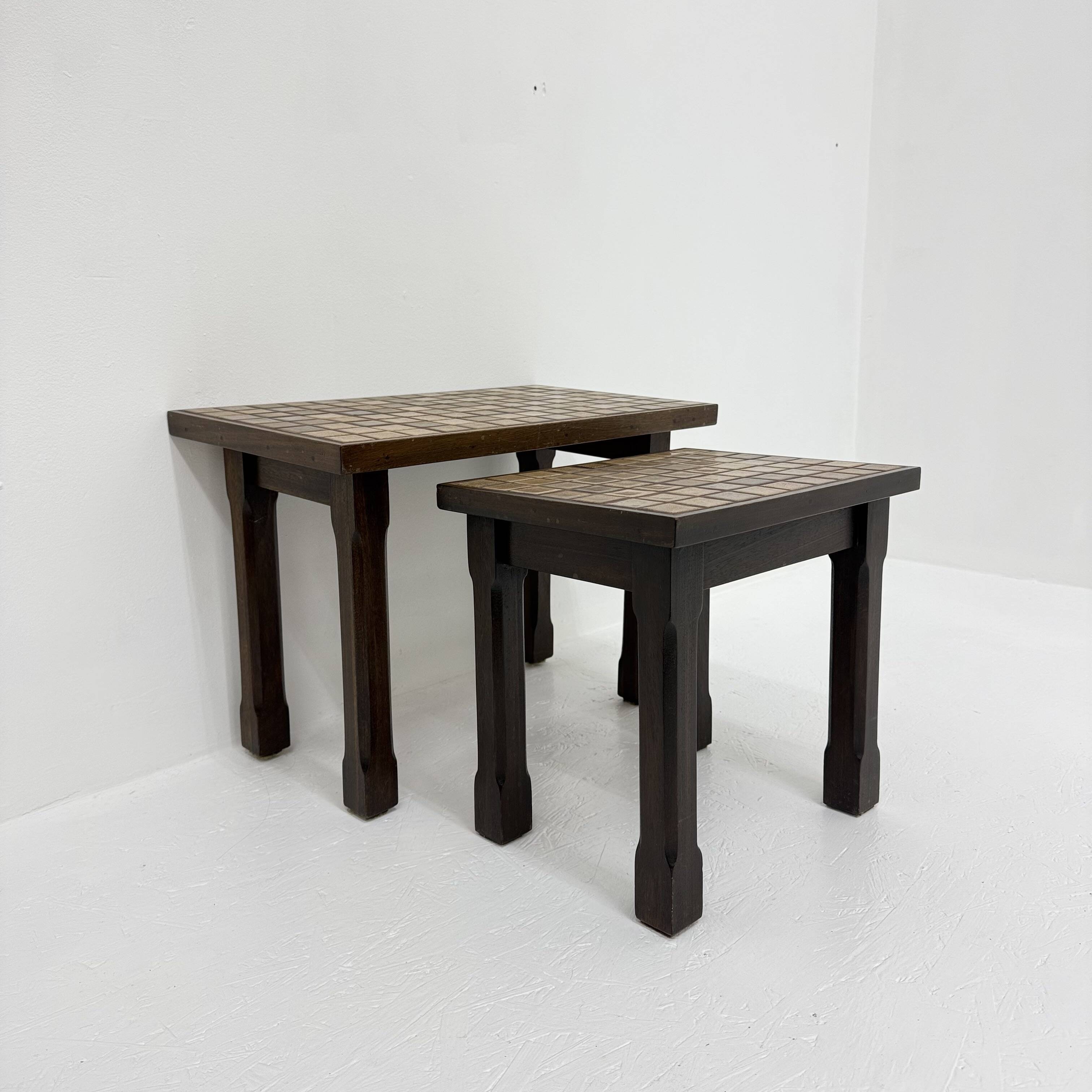 Set of 2 brutalist side tables solid oak wood with tile top , 1970s