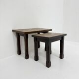 Set of 2 brutalist side tables solid oak wood with tile top , 1970s