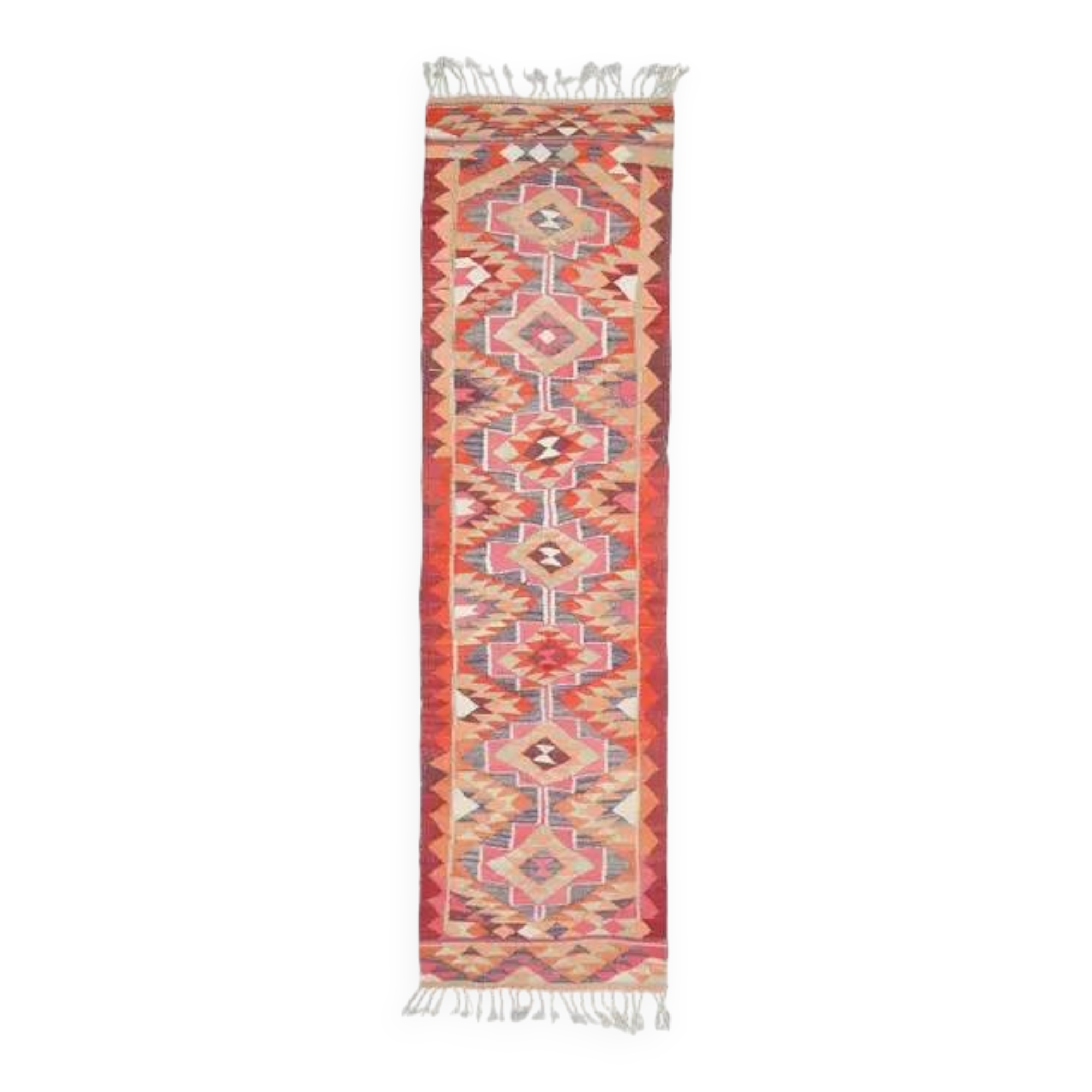 1970s Vintage Turkish Hand-Knotted Wool Cotton Pink Runner Rug 92x343