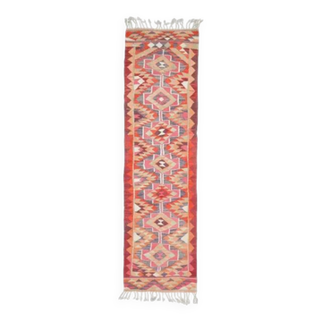 1970s Vintage Turkish Hand-Knotted Wool Cotton Pink Runner Rug 92x343