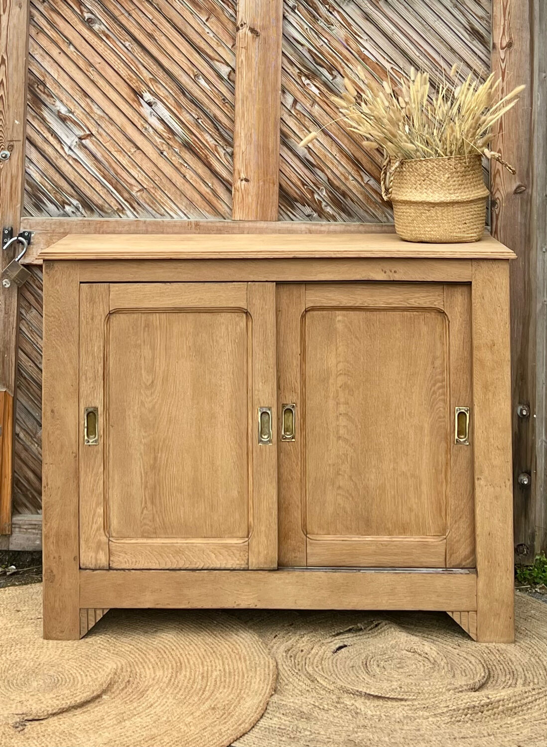 Old Parisian buffet in raw solid oak - sliding doors