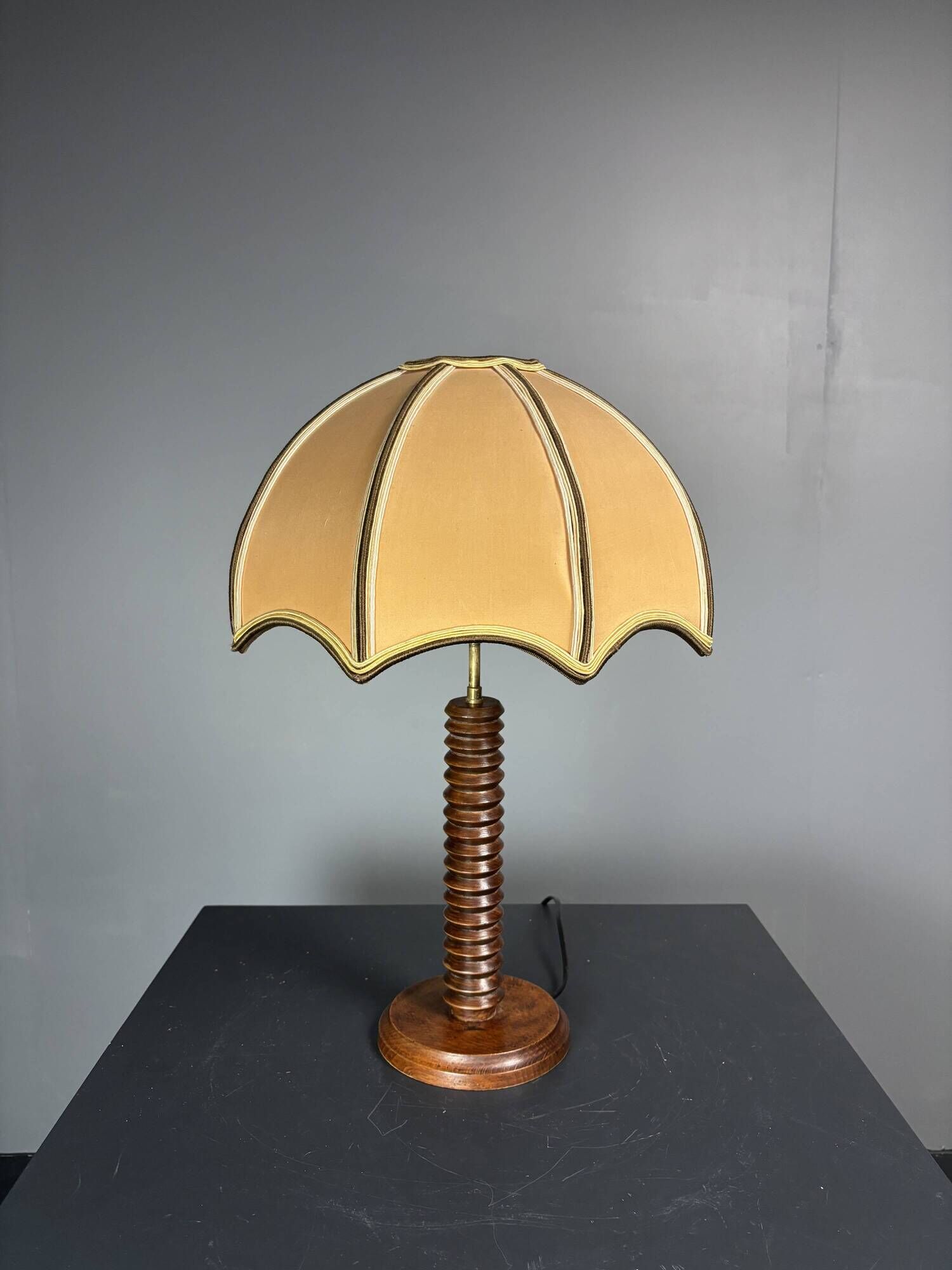 Midcentury brutalist wood turned mushroom table lamp, Charles Dudouyt style
