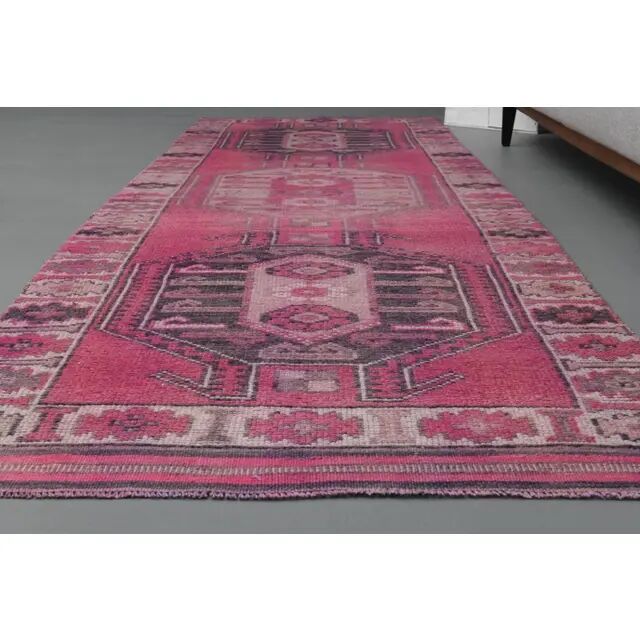 Vintage Turkish Hand-Knotted Wool Cotton Pink Runner Rug 104x351