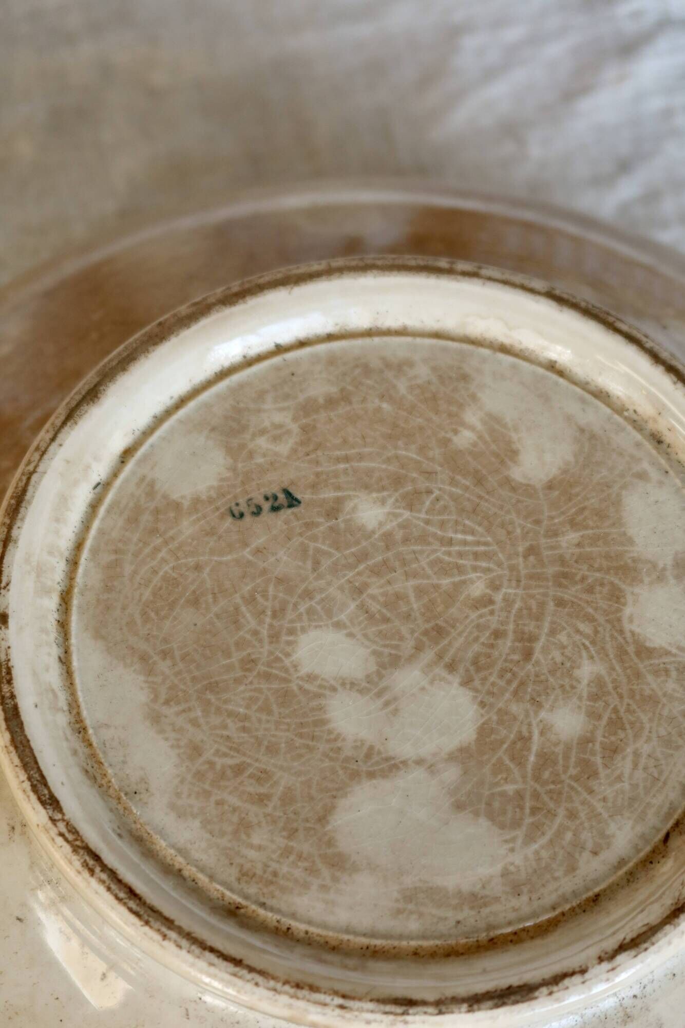 Antique ironstone salad bowl - Patina - Green and orange floral decoration