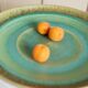 Large vintage studio ceramic bowl XL - organic shape - graduated turquoise green glaze - Denmark 1970s