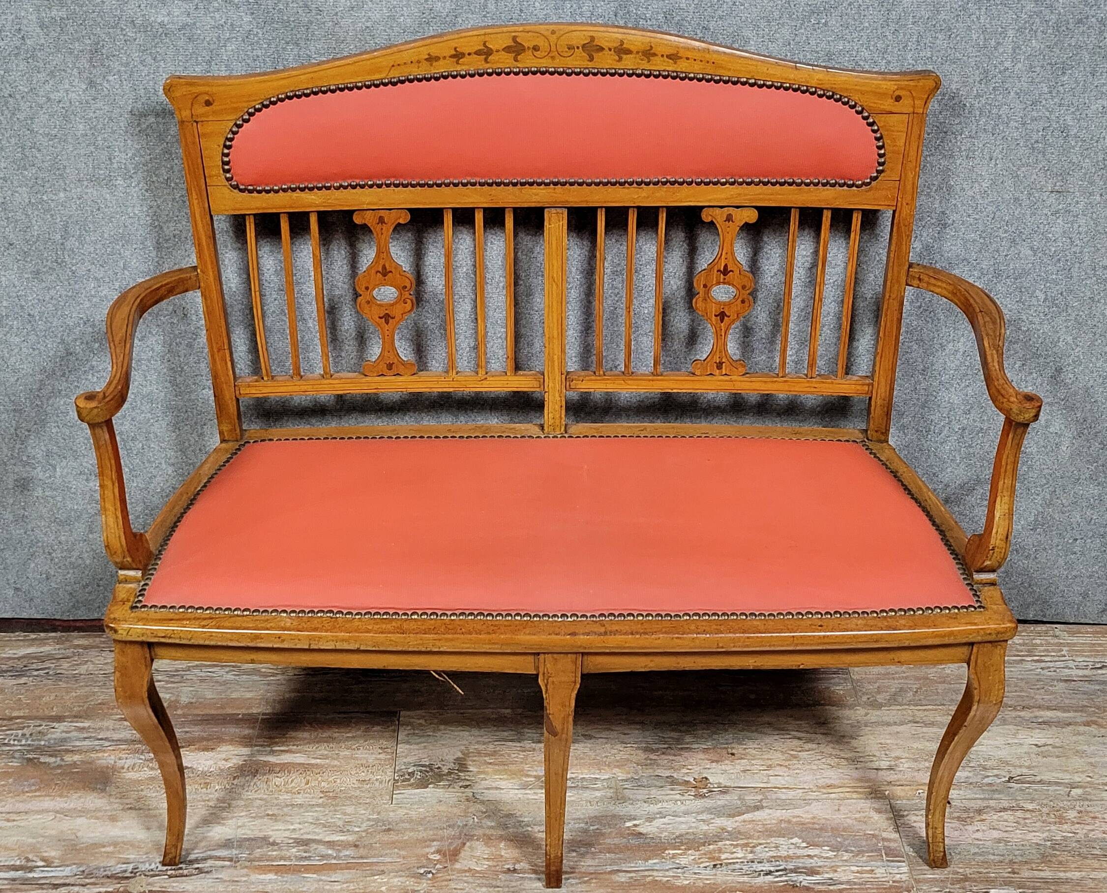 Art Nouveau period bench in light wood and marquetry circa 1900