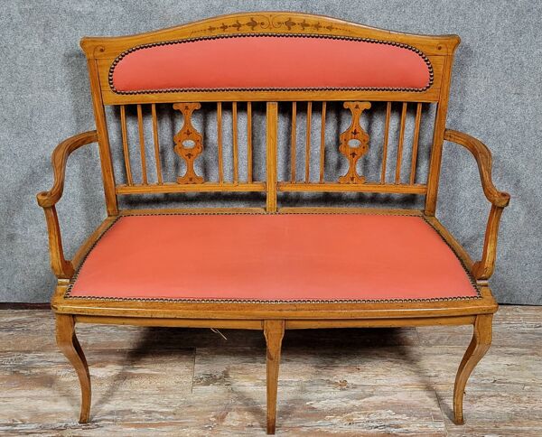 Banquette époque Art Nouveau en bois clair et marquéterie vers 1900