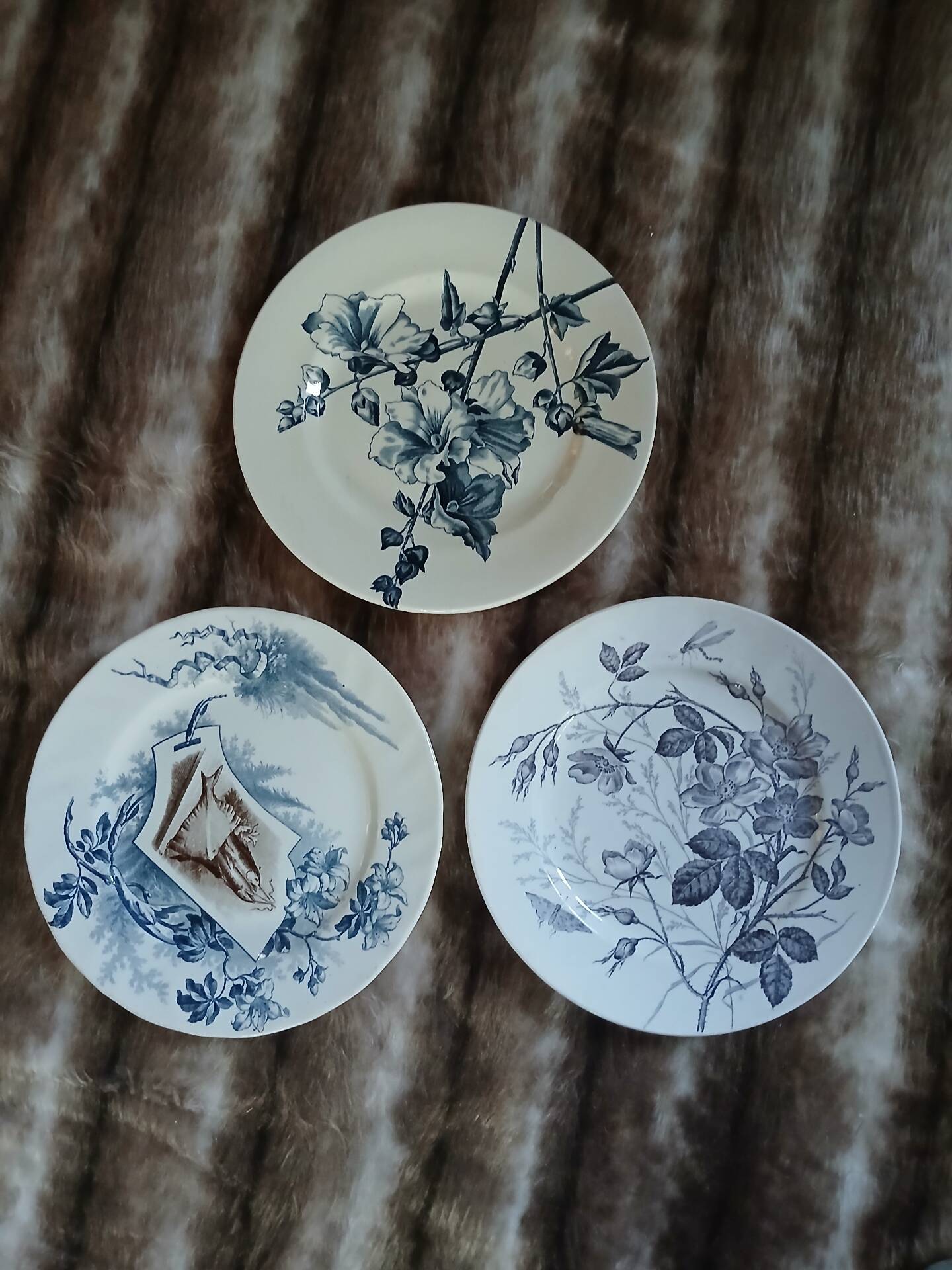3 mismatched antique flat plates in ironstone
