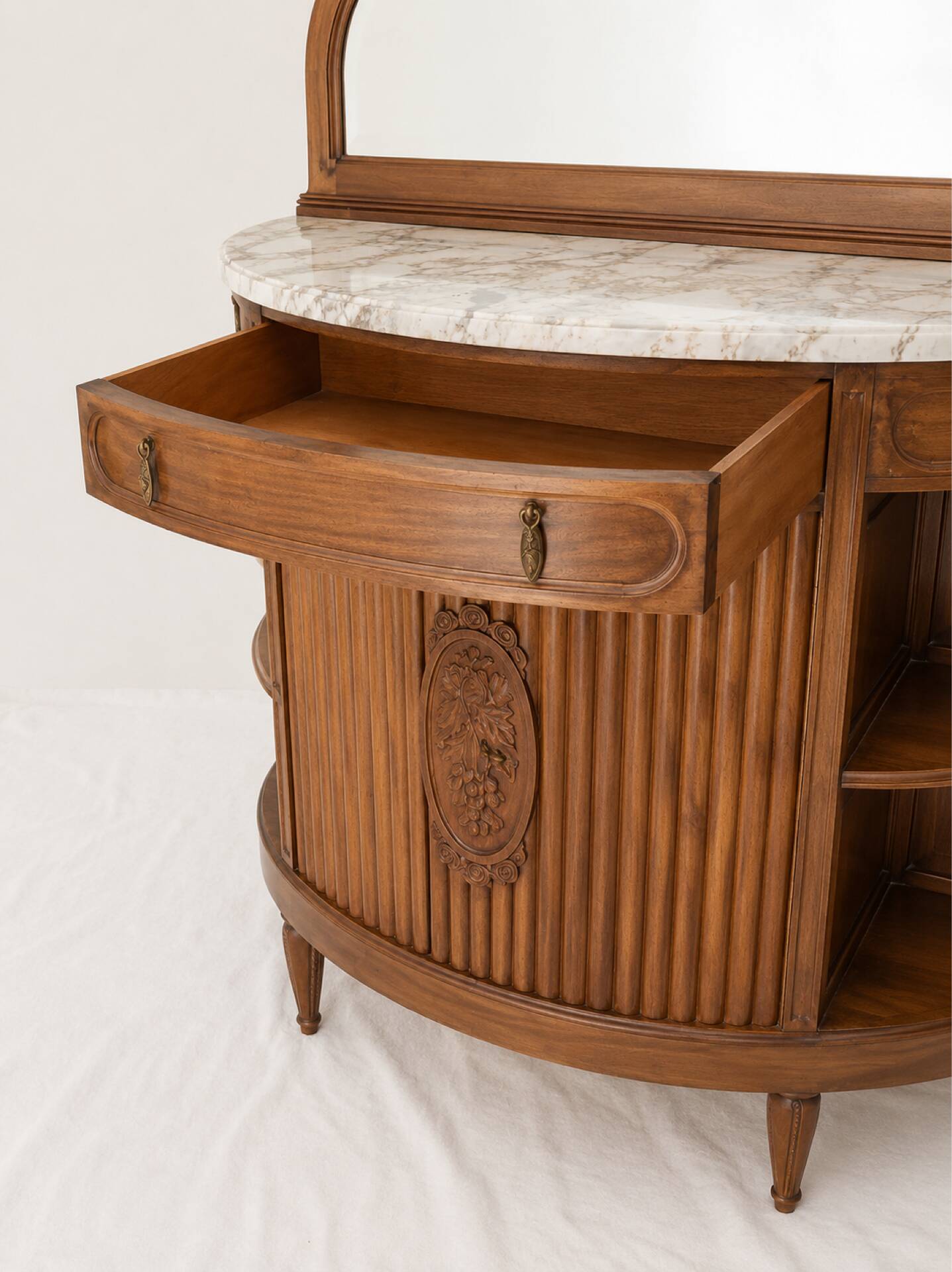 1930s buffet console in solid mahogany, marble and bevelled mirror.