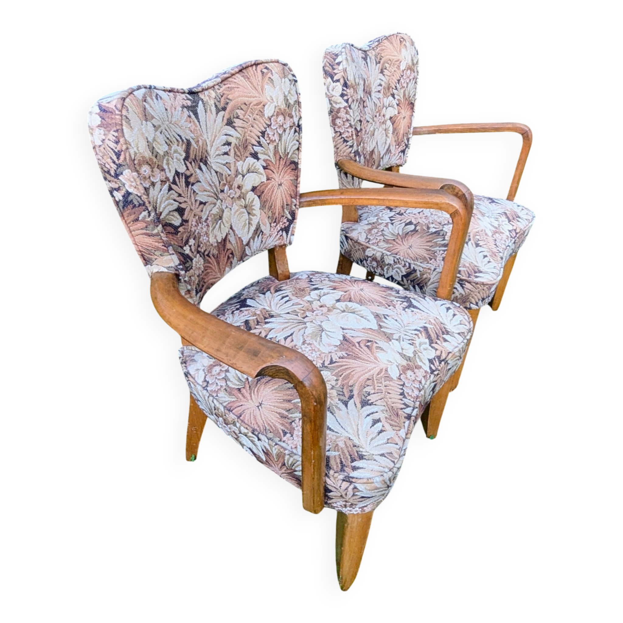 Paire de fauteuils bridge Art déco en bois massif, années 40-50