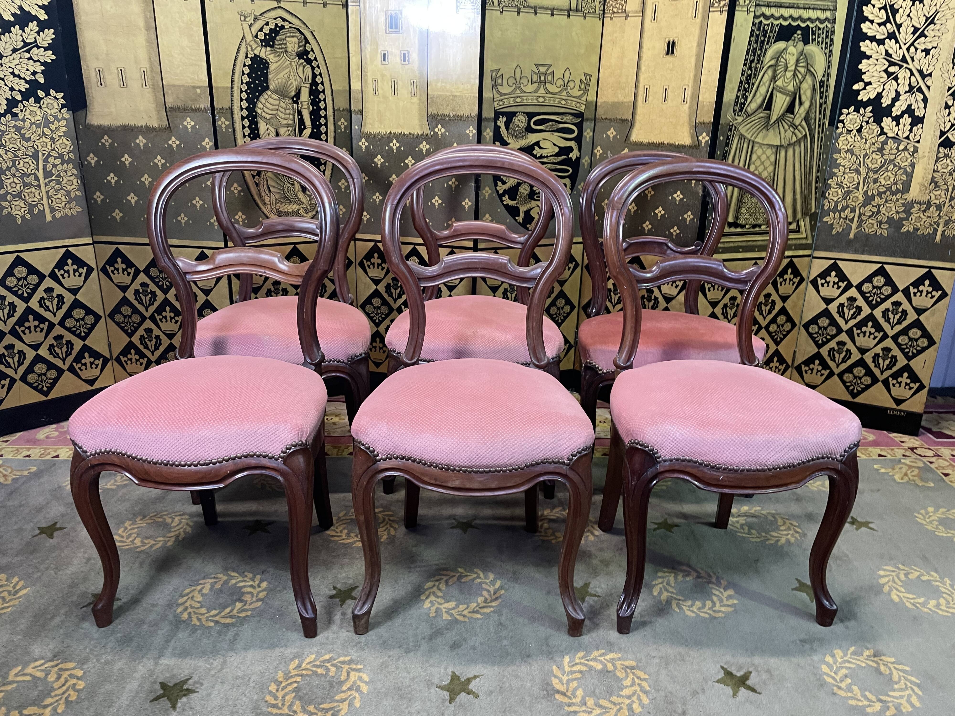 Suite of 6 Louis Philippe pink velvet chairs
