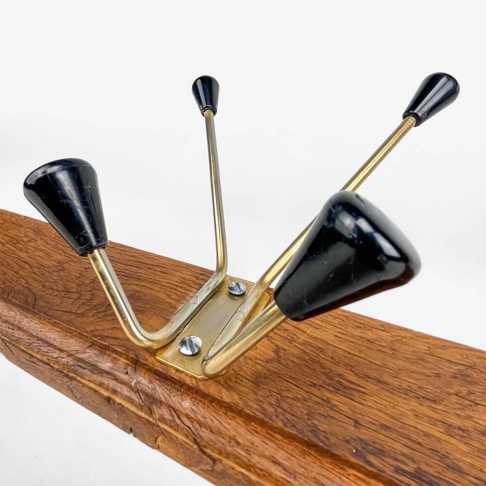 Wall coat rack with golden metal hooks from the 60s