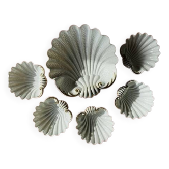 Vintage shell dessert service from the 60s in Art Deco style, Limoges porcelain.