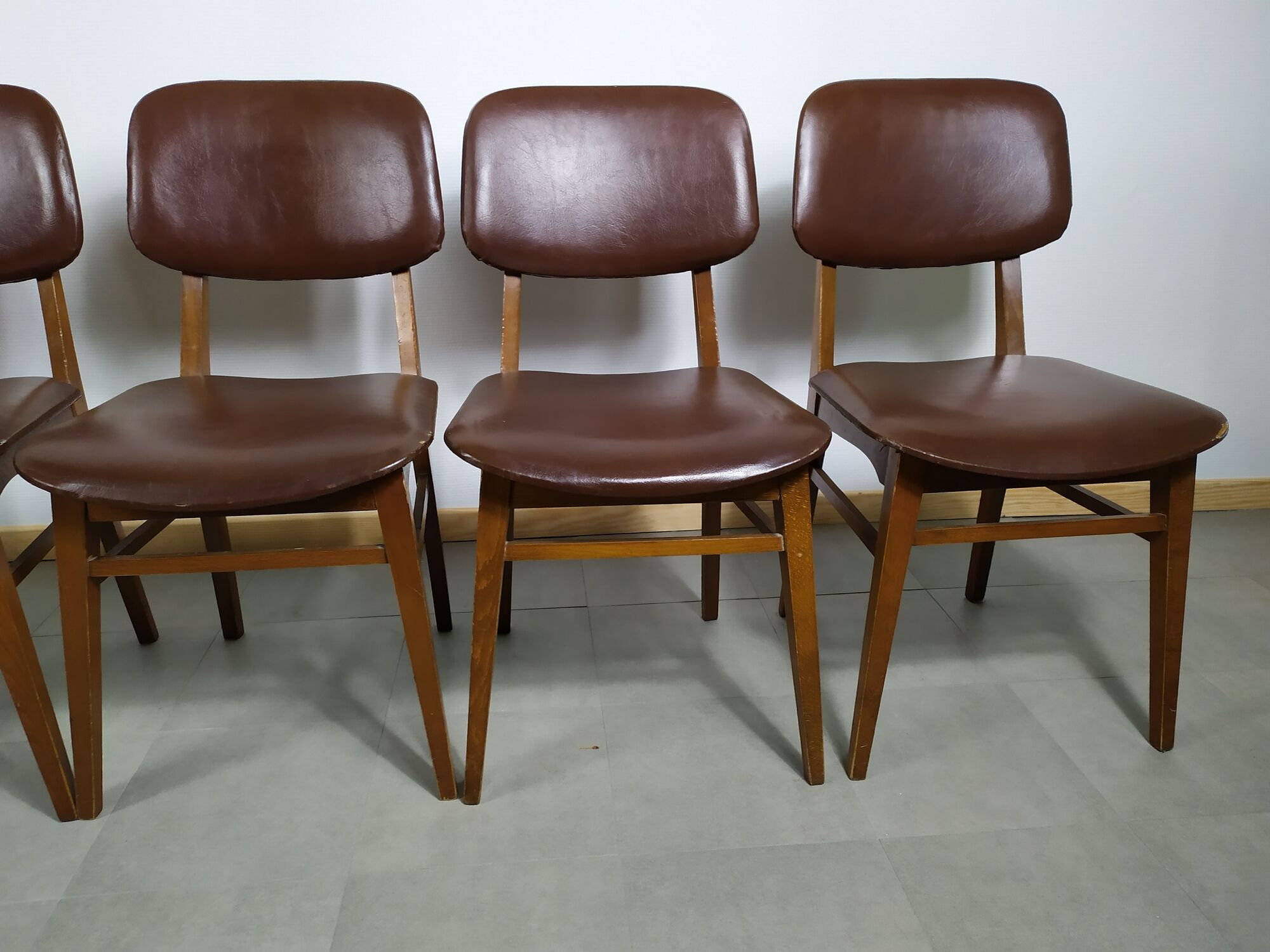 Suite de 6 chaise bois skaï marron brus vintage année 50 - 60