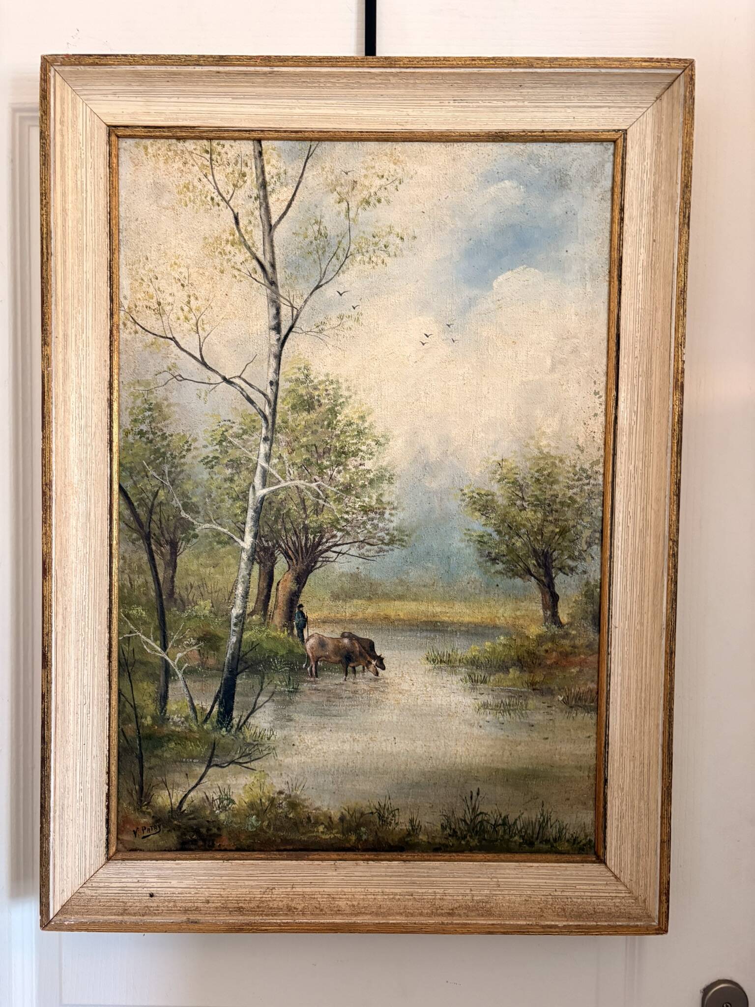 Oil Painting Canvas Shepherd Lake Cow River Fishing Landscape PATRY